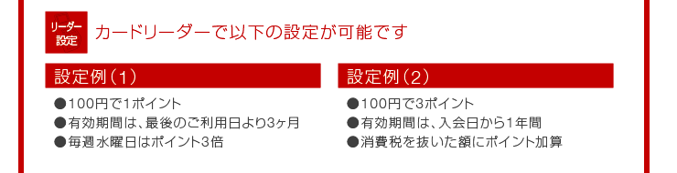 設定例1　・100円で1ポイント　・有効期限は最後のご利用日より3ヶ月　・毎週水曜日はポイント3倍　設定例2　・100円で3ポイント　・有効期限は入会日から1年間　・消費税を抜いた額にポイント加算